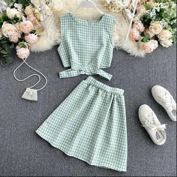 

singrain women plaid skirt suits hollow criss cross blouse mini pleated a line skirts college style two pieces set, Gray