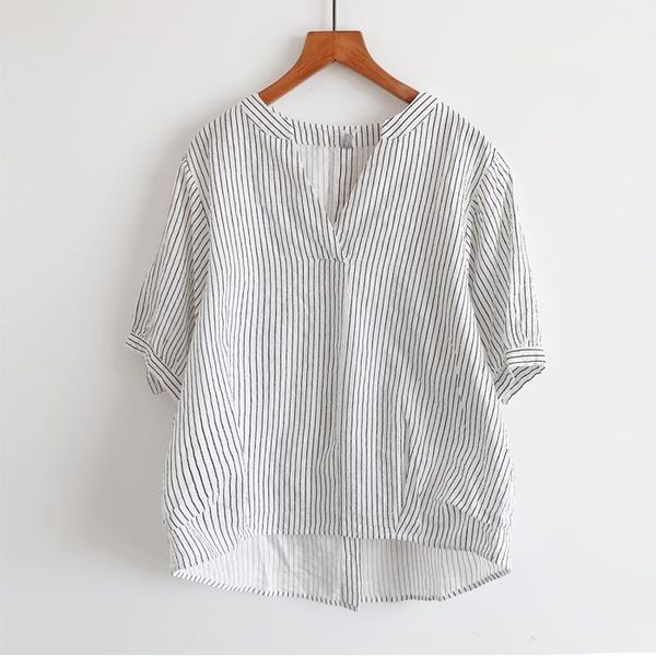 

women's blouses & shirts 2021 summer women blouse korea style loose stripe thin v-neck cotton linen short sleeve casual, White