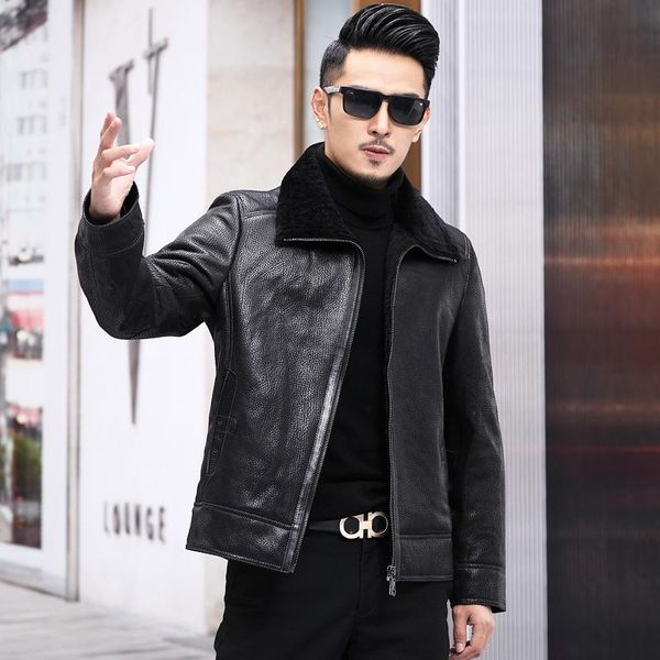 

men's leather & faux with thick sheep pipi jackets men coat winter, Black