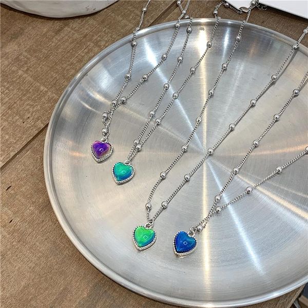 

pendant necklaces thermochromic love titanium steel necklace peach heart clavicle chain temperament female stainless, Silver
