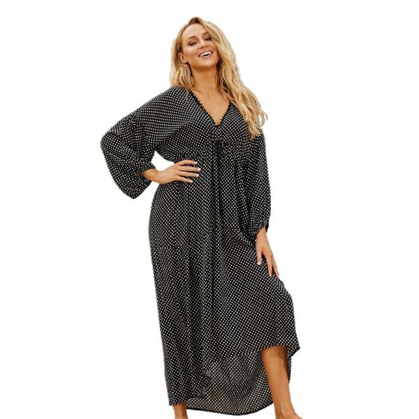 

women's swimwear womens turkish kaftans swimsuit cover up polka dot print long sleeve beach maxi dress deep v-neck loose, White;black
