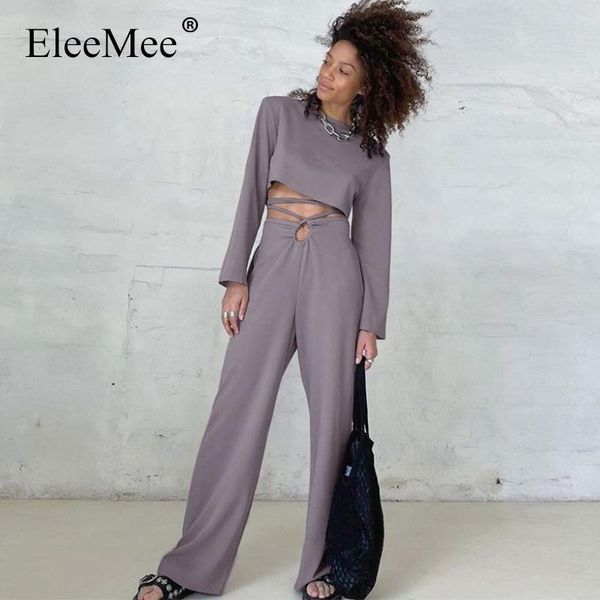

women's two piece pants eleemee 2021 stylish lace up sets short t-shirt long sleeve loose straight fashion solid color size s-l, White