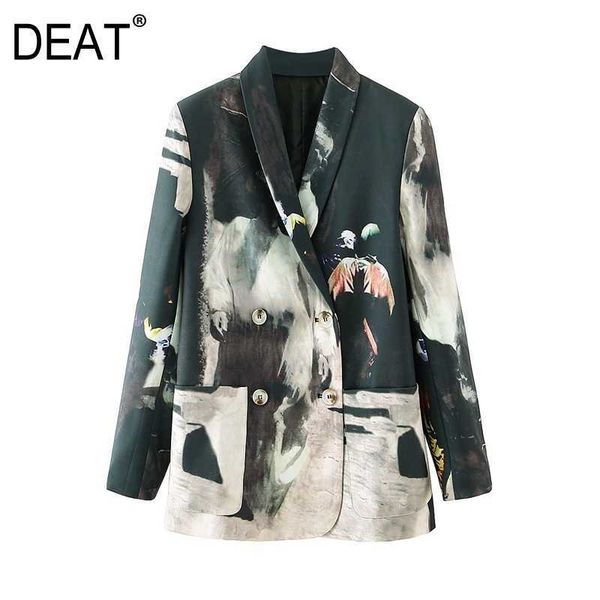 

[deat] spring autumn fashion v-neck double breasted printing long sleeve temperament women's blazer coat 13w277 210527, White;black