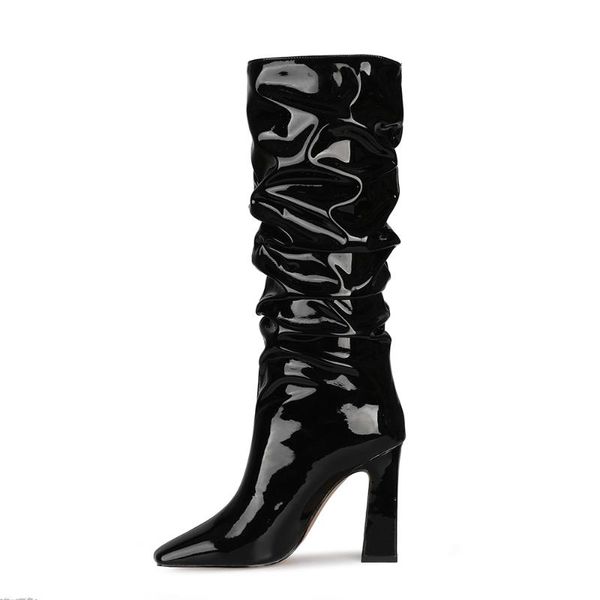 

boots arden furtado 2021 autumn fashion women's shoes elegant chunky heels pleated pointed toe knee high big size 43 45, Black