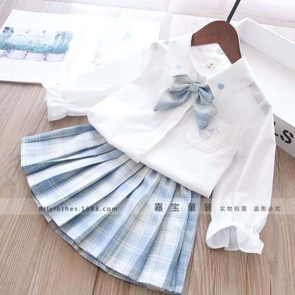 

clothing sets 2021 spring girls bow shirt and plaid shkirt baby girl suits kids wholesale, White