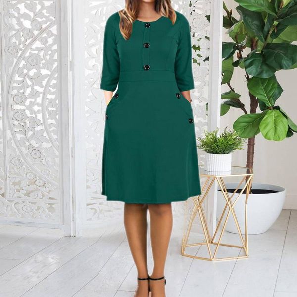 

casual dresses 40# solid color a line dress women o neck three quarter sleeve button with pocket elegant pleated vestidos, Black;gray