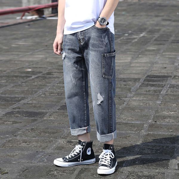 

overalls men's harlan spring and summer pants student korean fashion straight tube loose versatile casual denim capris, Blue