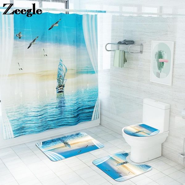 

bath mats non-slip floor carpet for bathroom waterproof shower curtain and flannel mat set landscape printing toilet
