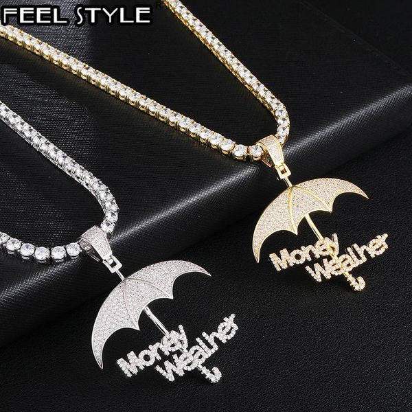 

pendant necklaces iced out bling micro paved cz umbrella & money wealher pendants for men hip hop rapper jewelry with tennis chain, Silver