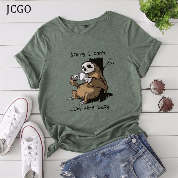 

jcgo women t-shirt summer short sleeve cotton plus size s-5xl cute lazy sloth print funny casual o neck female tshirt tees 210306, White