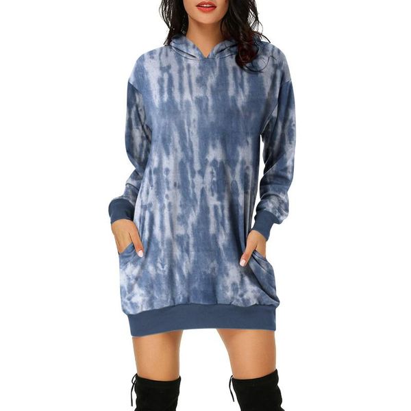 

casual dresses autumn winter women hooded dress fashion tie-dye printed long sleeve buttocks loose pockets ladies, Black;gray