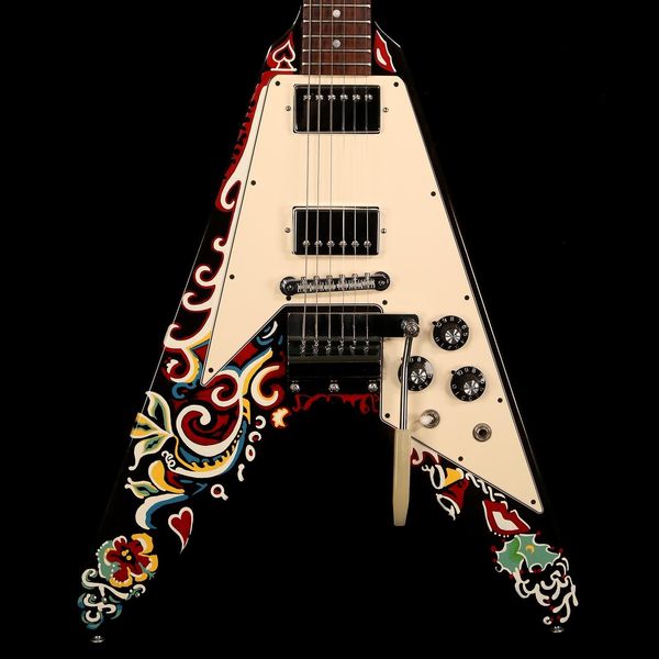 Custom Shop Jimi Hendrix Psychedelic Hand Malt Flying V E -Gitarre Maestro Vibrato Tailrope, Chrome -Hardware, Tuilp -Tuner, Dot Inlay, White Pickguard