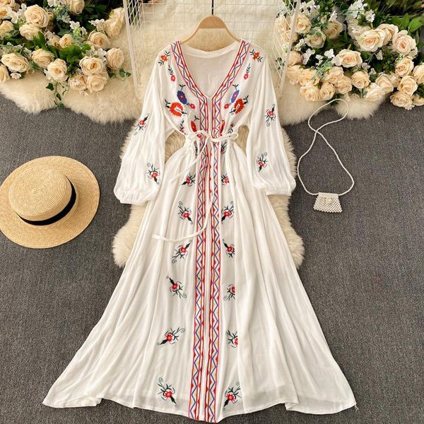 

casual dresses jastie 2021 spring autumn women bohemian folk style retro embroidery midi dress long sleeve v-neck beach, Black;gray
