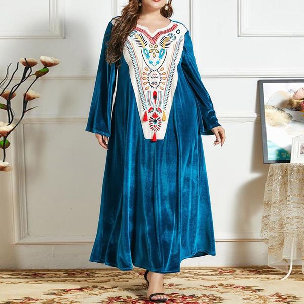 

casual dresses muslim dress velvet embroidery women plus size autumn winter fashion round neck long sleeve arab robe femme, Black;gray