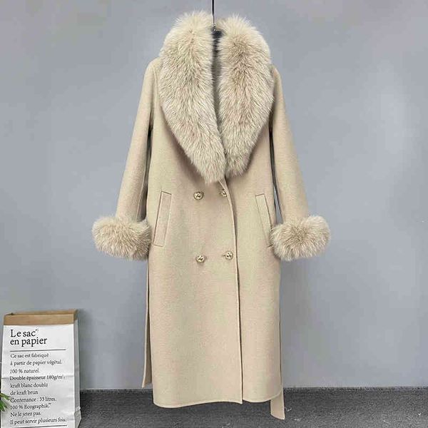 

women's jackets 2021 cashmere wool mixes jacket for natural woman fur collar double winter breasted long ladies outerwear, Black;brown