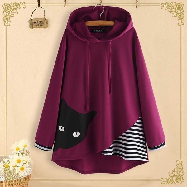 

m 5xl autumn sweatshirts casual hoodies striped patchwork sweatshirt women long sleeve vintage cartoon cat print pullover female, Black