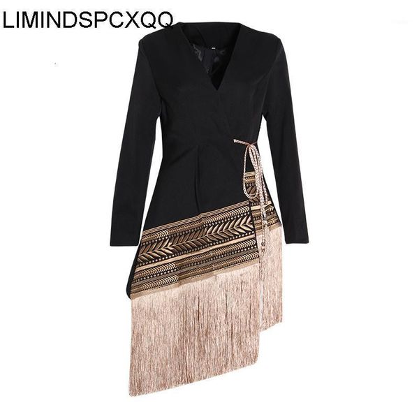 

blazer femenino spliced contrast color tassel belt jackets v-neck long sleeve womens coats fashion autumn winter 2021 loose, White;black