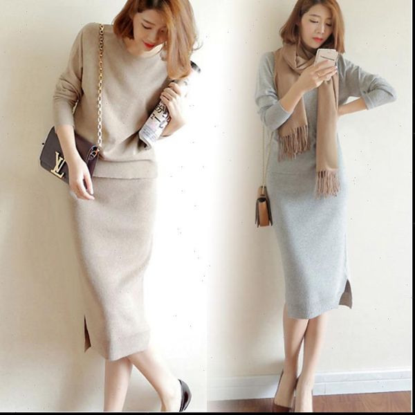 

2021 autumn winter new women cashmere sweaters and knitting package hip skirts two piece sets female dresses knitted suit, White;black