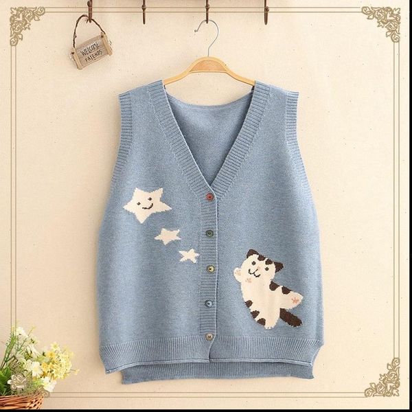 

women kawaii yellow sweater vest v neck cartoon cat wool knitted cardigan cute school girl loose sleeveless sweater pink red, White;black