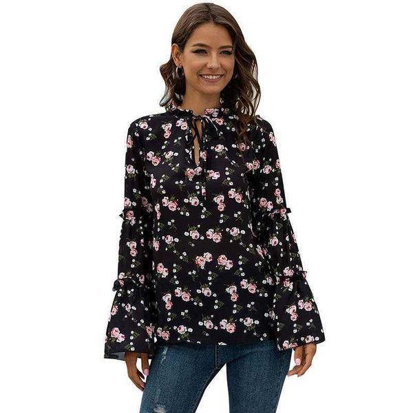 

women's blouses & shirts fashion women v-neck lace up floral print chiffon shirt spring summer flare sleeve casual loose b v82y, White