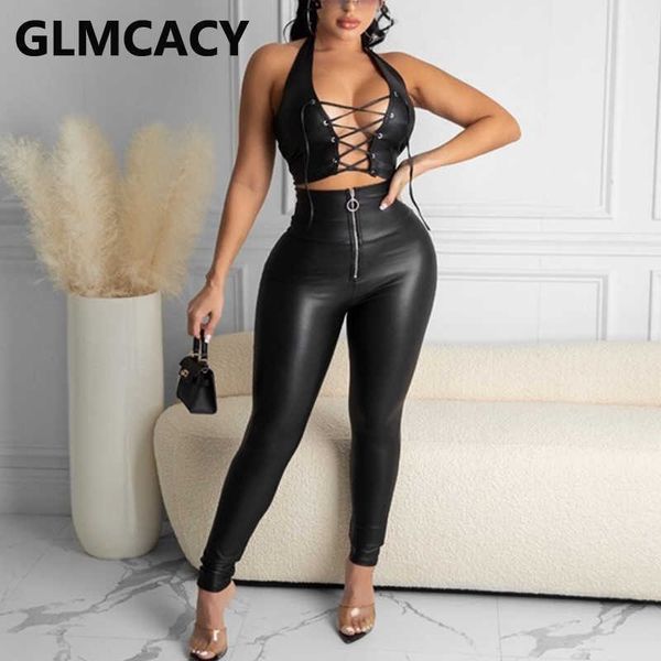 

two piece pu suits lace up halter crop & skinny pants set 210702, White