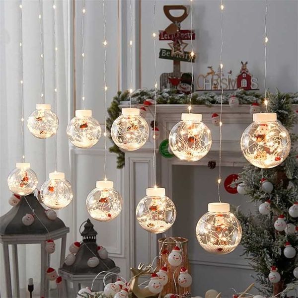 2022 Decortões de Natal para casa LED Cortina String Bola de Luz Papai Noel Ano Xmas Navidad Tree Decoração 211105