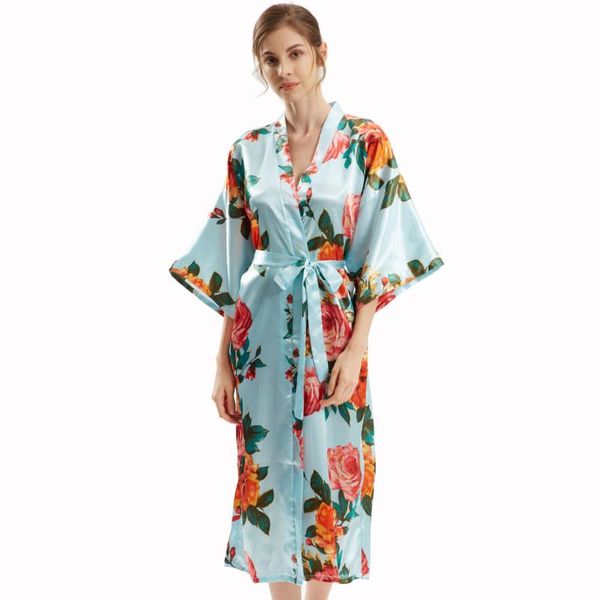 

women's sleepwear women long kimono robe gown flower print bathrobe v-neck nightdress 3/4 sleeve autumn with belt satin home dress, Black;red