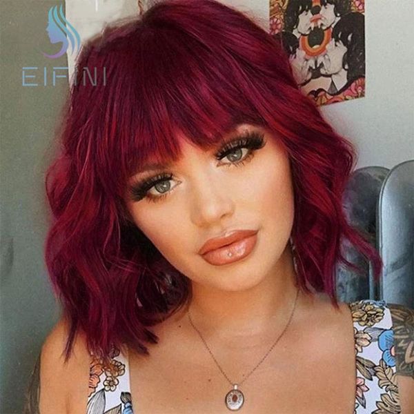 

hair bulks red colored human wavy short bob with bangs 99j burgundy full machine glueless peruvian straight, Black