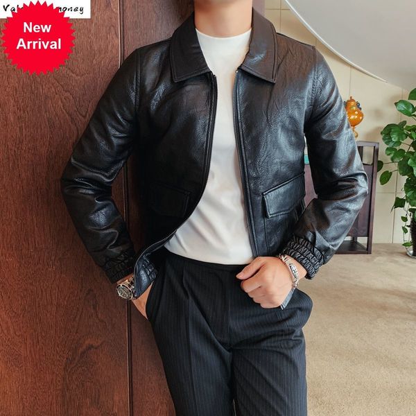 

autumn slim fit large pocket zipper korean style solid color lapel coat men's faux leather jacket, Black;brown