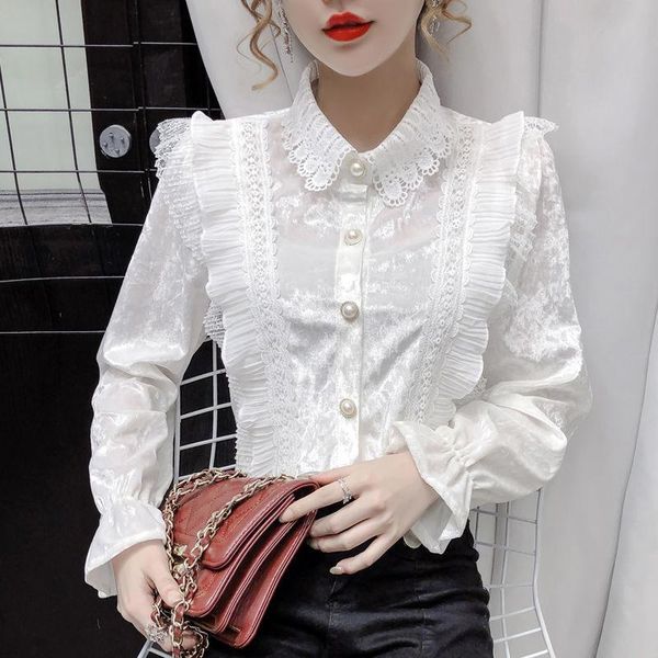 

women's blouses & shirts blouse women velvet shirt autumn and winter ruffled long-sleeved blusas ropa de mujer, White