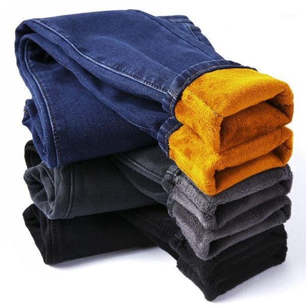 

plus velvet thick women jeans winter pencil pants women warm high waist denim mom jeans long trousers stretch black c57591, Blue