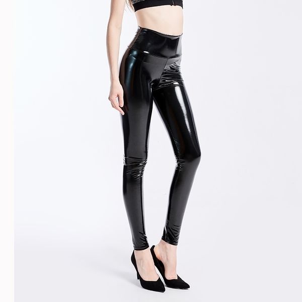 Plus Größe XXXL Frauen Schwarze Leggings Sexy Hohe Taille Elastische Pu-leder Dünne Hosen Shiny Wet Look Metallic Latex Leggings 201109