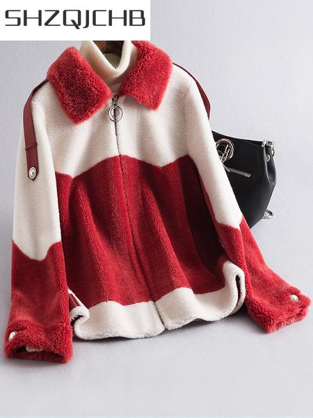 

women's fur & faux shzq winter real coat women clothes 2021 korean warm sheep shearing jacket female elegant slim wool overcoat hiver j, Black