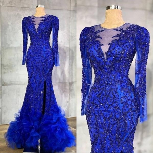 

2021 new ensotek luxury royal blue evening beaded crystals sheer neck mermaid arabic aso ebi party gowns formal es wear lblg, Black;red