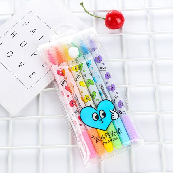 

highlighters 6 pcs/pack cute love colorful candy color double headed promotional markers pen gift stationery, Black;red