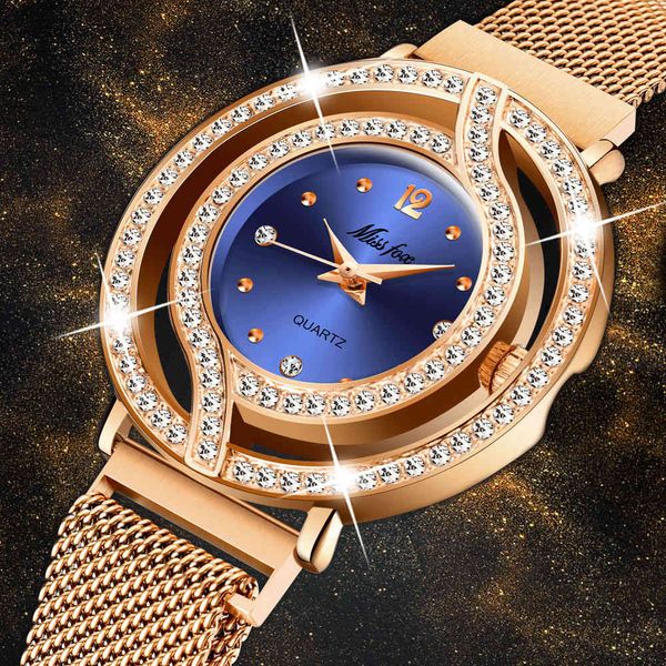 Bonito Missfox Rose Gold Relógios Magnéticos Band Steel Malha Impermeável Diamante Esqueleto Azul Casual Moda Mulheres Quartz Watch