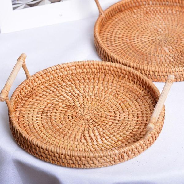 

storage baskets hand-woven round rattan tray fruit basket organizer with handle