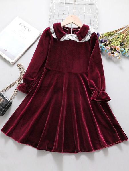 

girls lace panel flounce sleeve velvet dress she, Red;yellow