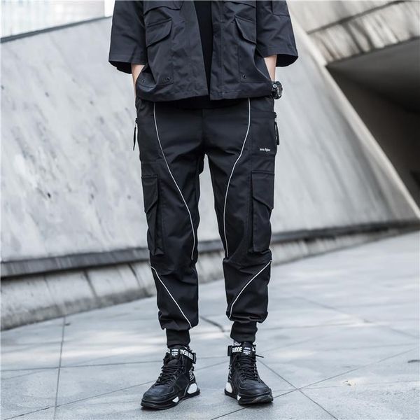 

2021 cargo jogger pants men pockets loose hip hop sweatpants reflective light long trousers reflector, Black