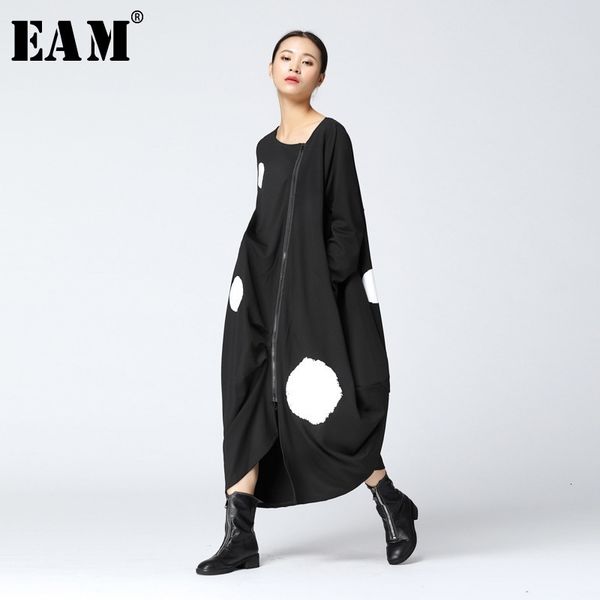 

[eam] 2021 new spring round neck long sleeve solid color big dot split joint loose big size black dress women fashion ja88501 210303, Black;gray