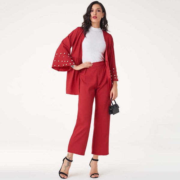 

spring autumn women's elegant pearl decoration jacket nine-point pants two-piece ol business suit 210927, White;black