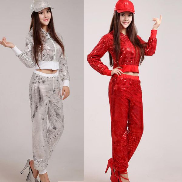 

women modern sequined hip hop dancing +pants costume men party performance dancewear jazz dance clothing customes, Black;red