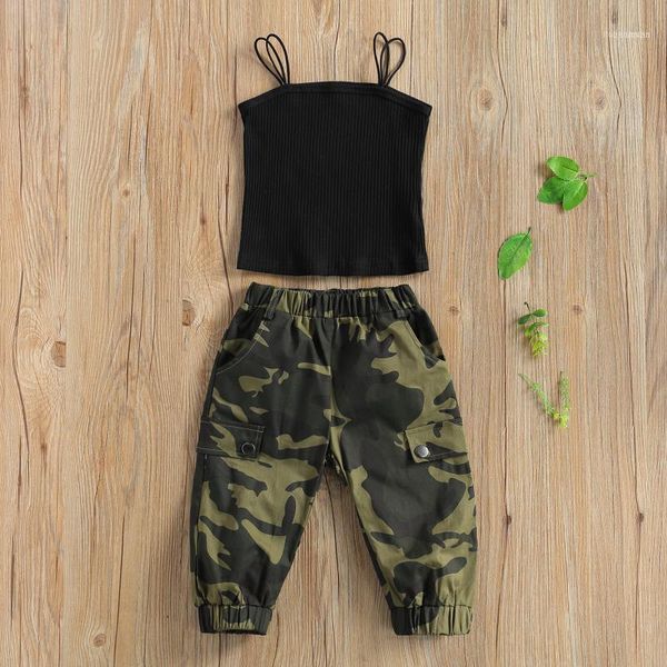 

clothing sets 2-7y fashion summer kids girls clothes camouflage print sleeveless vest long pants 2pcs1, White