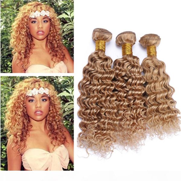 

deep wave #27 honey blonde peruvian virgin human hair wefts extensions 3pcs light brown human hair weaves honey blonde wavy 3 bundle deals, Black