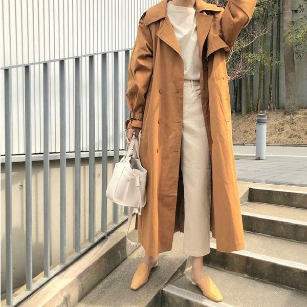 

women's trench coats 2021 fashion korea elegant women cow hair yellow 100% cotton jackets lapel singel breasted lacing belt tie long co, Tan;black