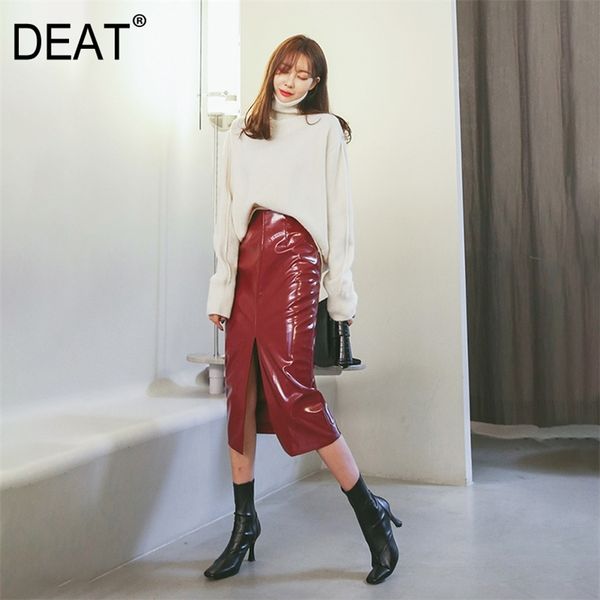 

deat glossy patent leather pu leather skirt women hentai elegant waist slim knee length office lady split pack hip ap452 210315, Black