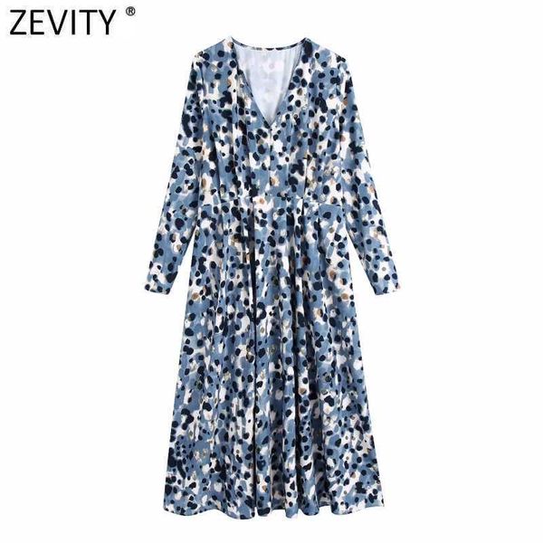 

zevity women elegant v neck ink leopard print pleated midi dress femme retro long sleeve business casual slim vestido ds4811 210603, Black;gray