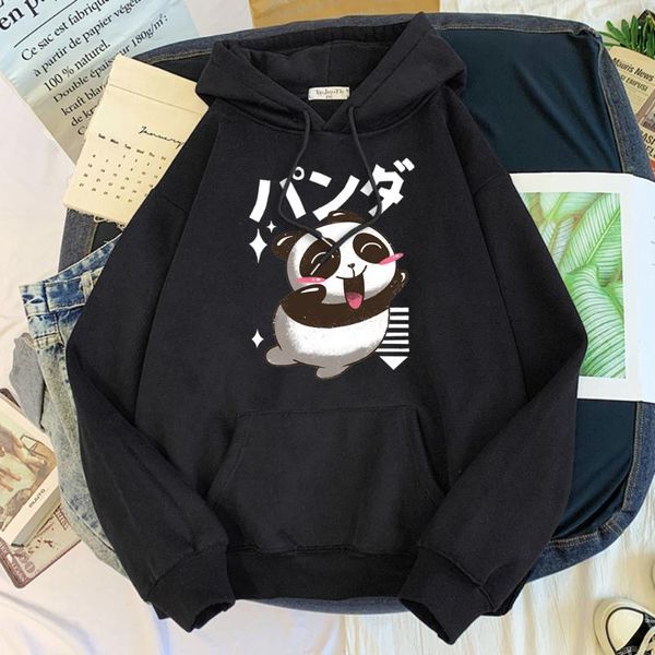 

women's hoodies & sweatshirts happy panda cartoons animal printing hoodie womens oversized kawaii round neck sweatshirt lady loose flee, Black