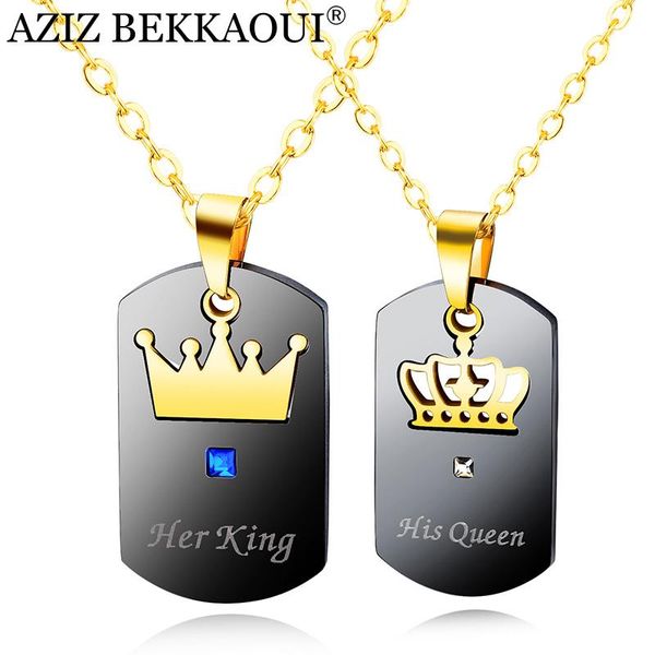 

pendant necklaces aziz bekkaoui her king his queen couple with crystal black stainless steel tag necklace for lover drop, Silver