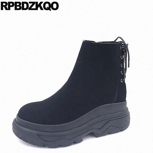 

elevator lace up muffin platform wedge round toe flatform women ankle boots medium heel genuine leather shoes black b4db#